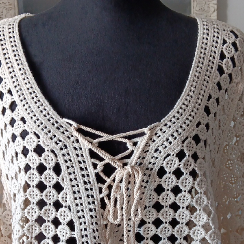 Cream Crochet Cover Up Laced Tie Top - Picture 2 of 7